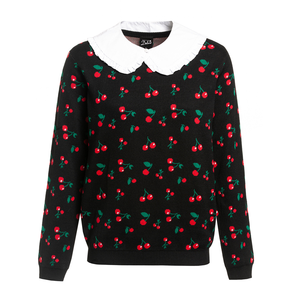 Cotton/Acrylic Cherries Jacquard Knit Girl's Pullover/Sweater with Decorative Collar