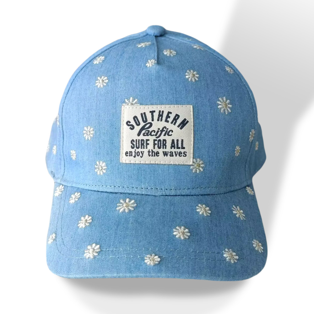 cotton twill baseball hat manufacturer with allover embroidery logo and woven label patch for kids