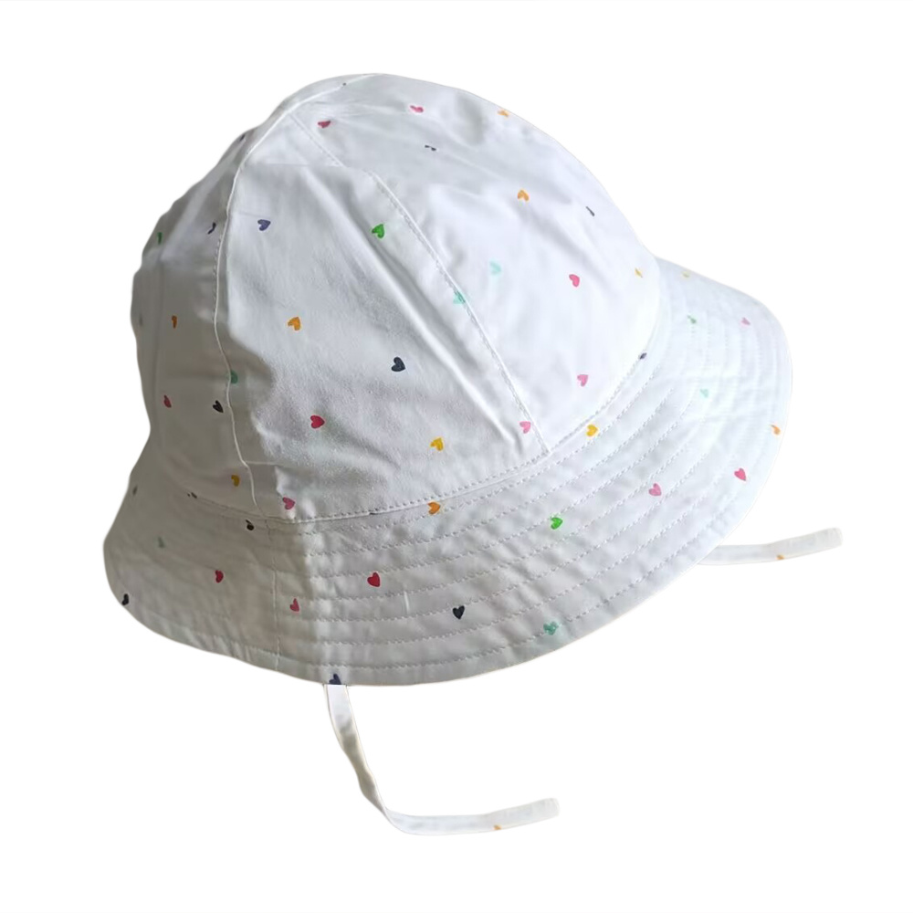 100% cotton sheet bucket hat supplier with colorful heart allover printing for kids girl