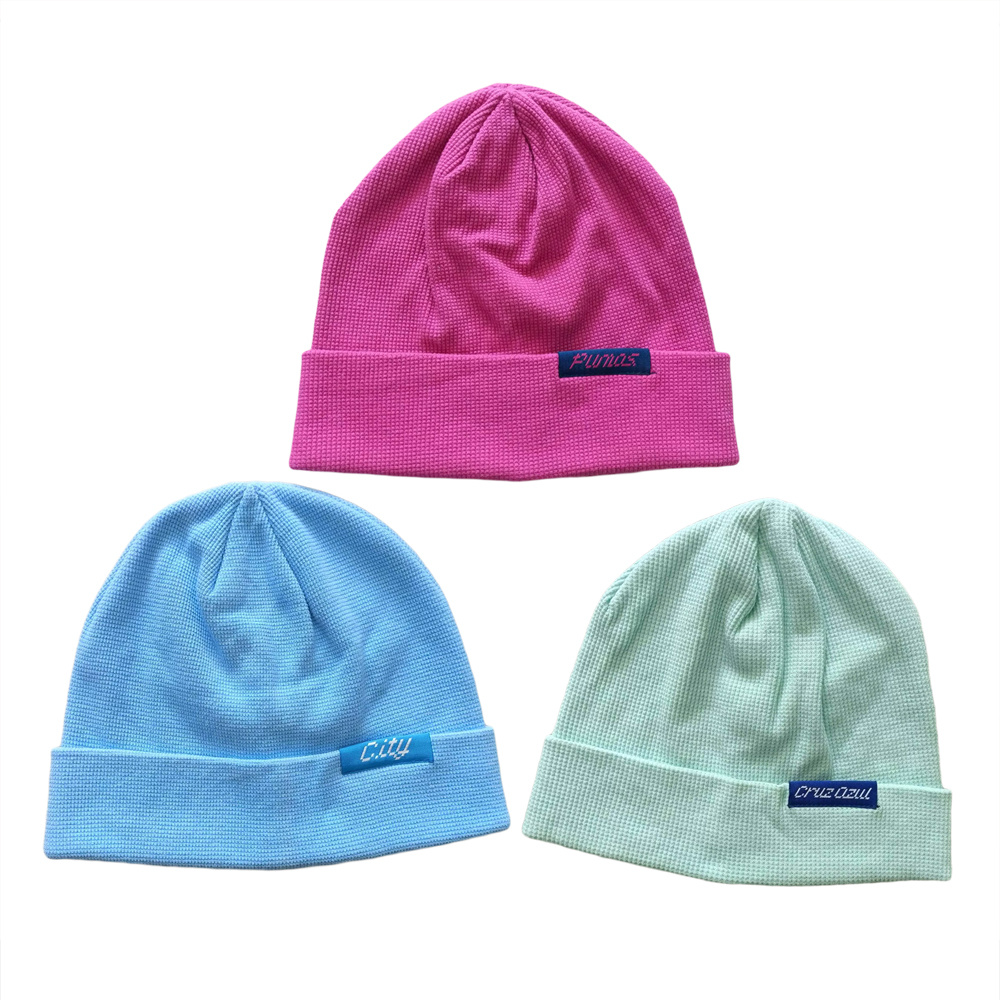 100% cotton fabric wholesale beanie hat with cuff and woven label