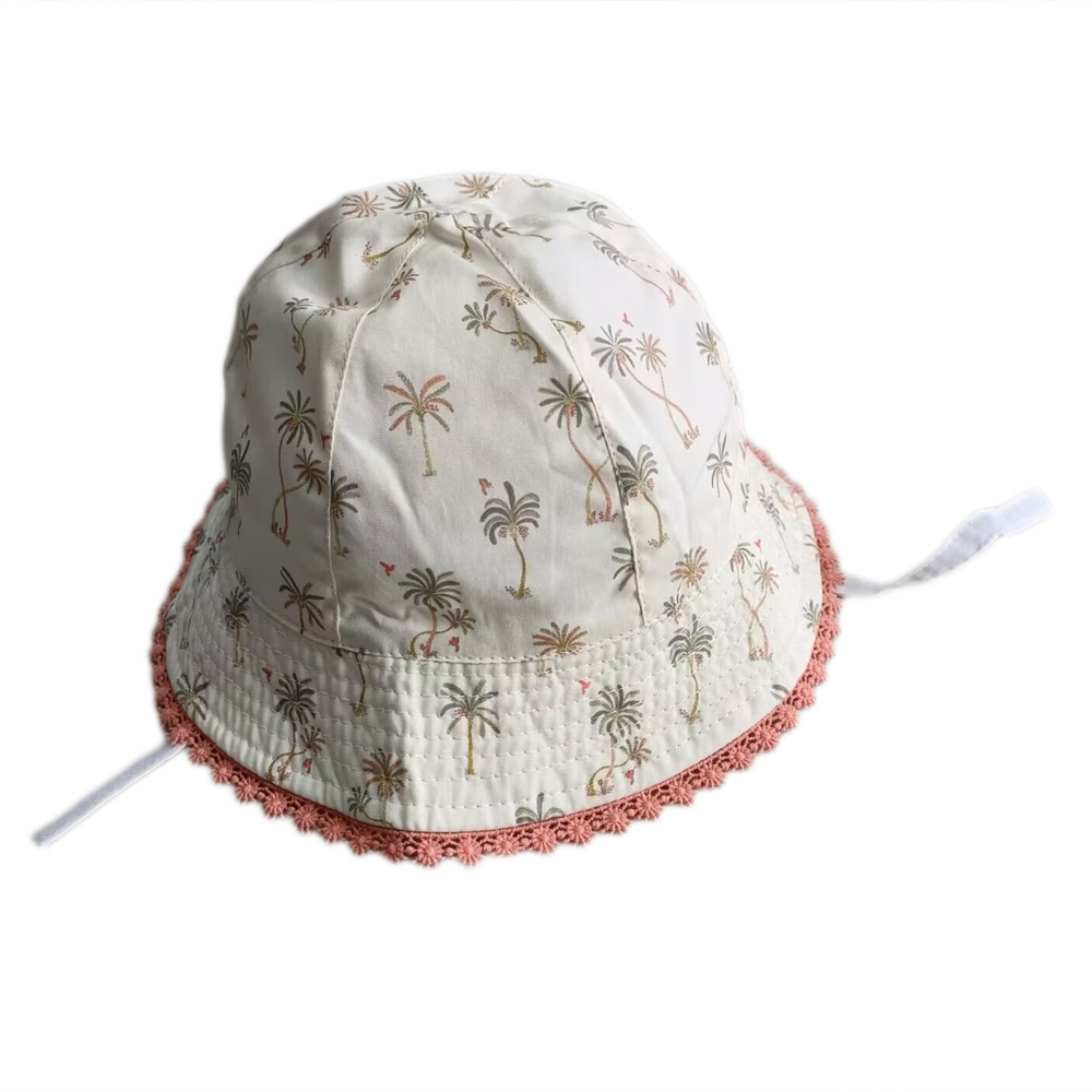 100% cotton sheet bucket hat wholesale with linning and lace brim and allover printing for kids girl