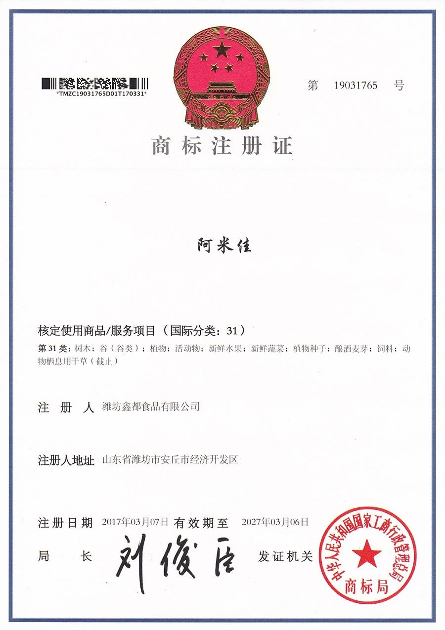 Amijia Trademark Registration Certificate (New Edition)