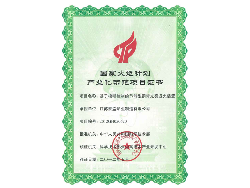 國家火炬計劃產(chǎn)業(yè)化示范項目證書