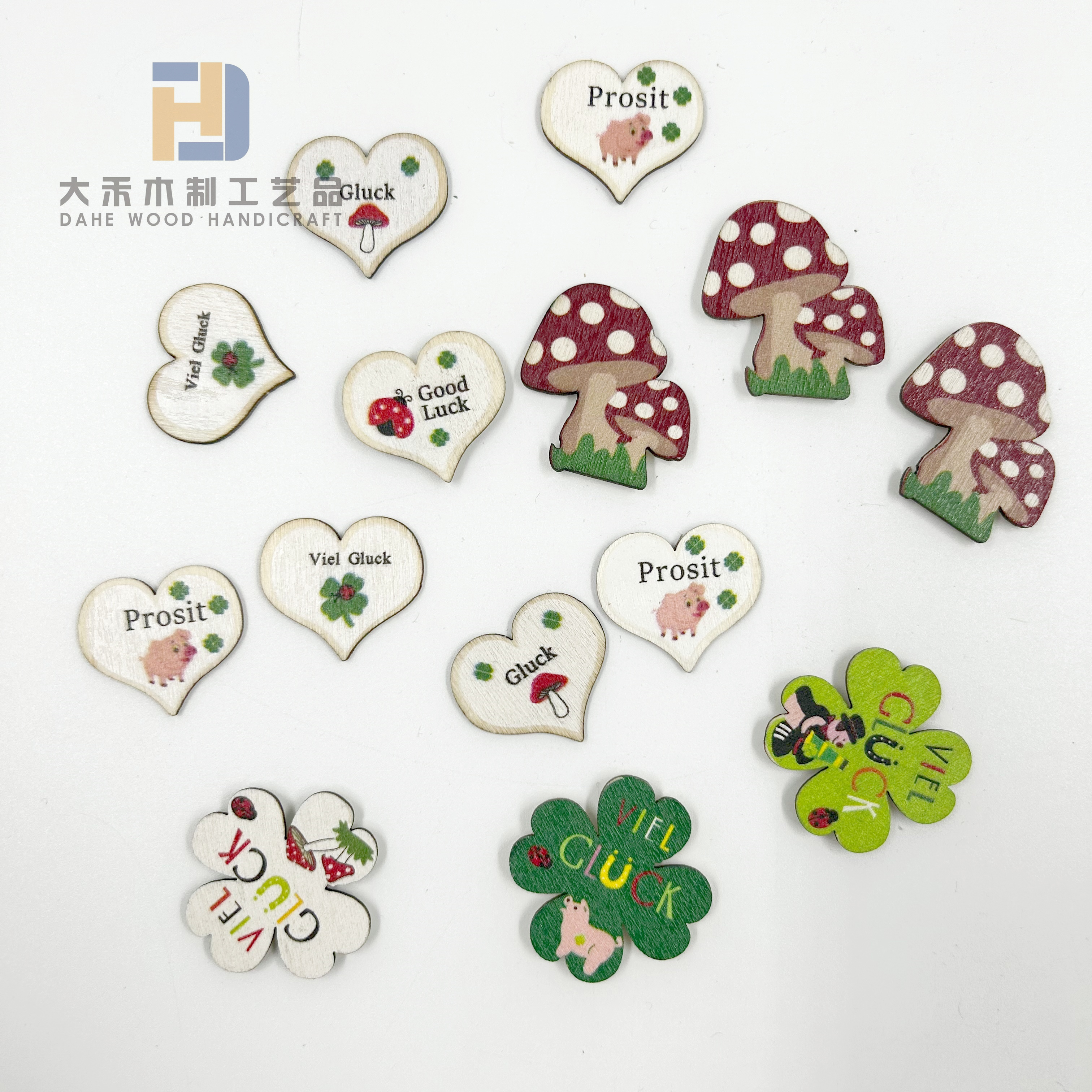 Wooden Heart Mushroom 4-Leaf Clover Cutouts