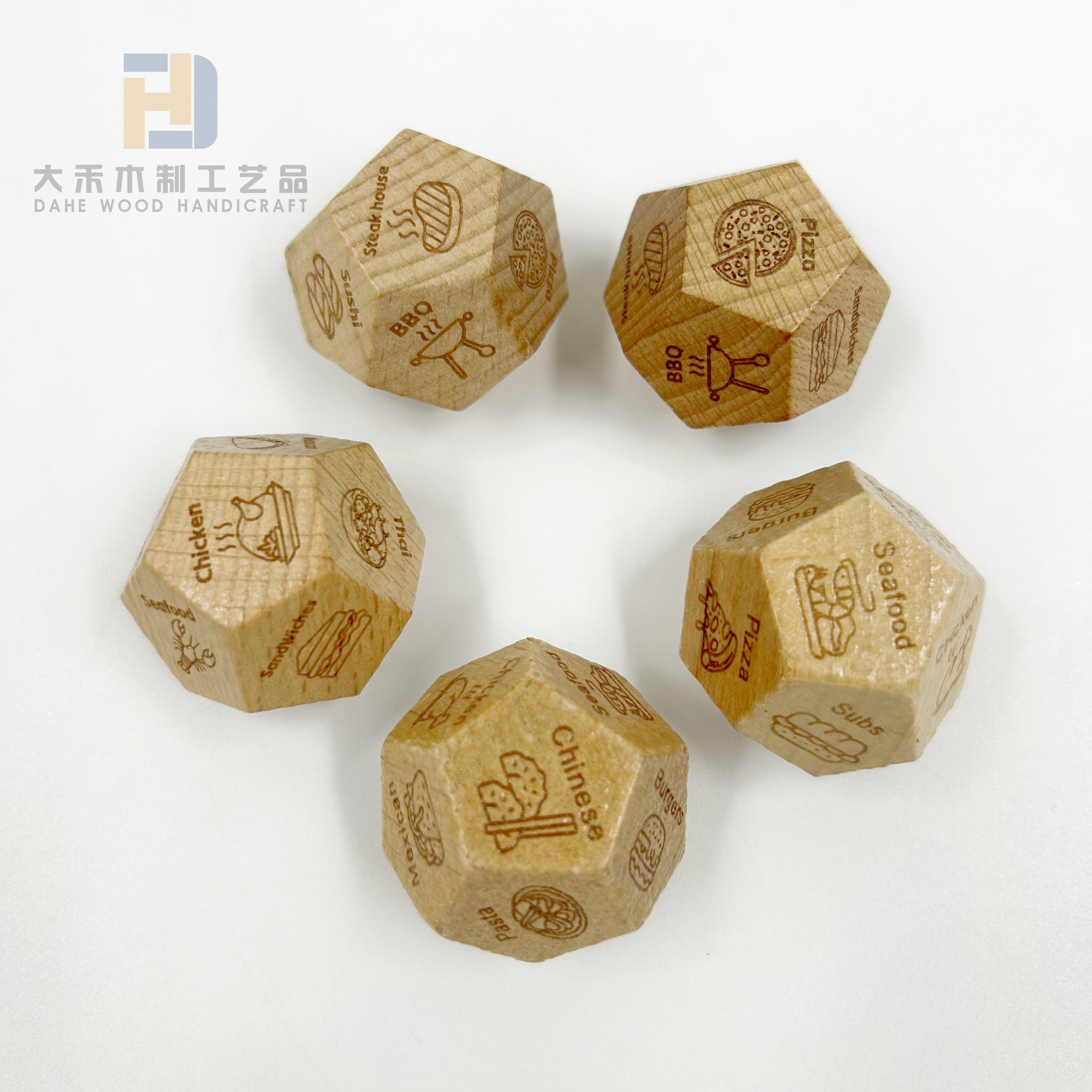 12 Sides Food Decision Wooden Polyhedral Dices