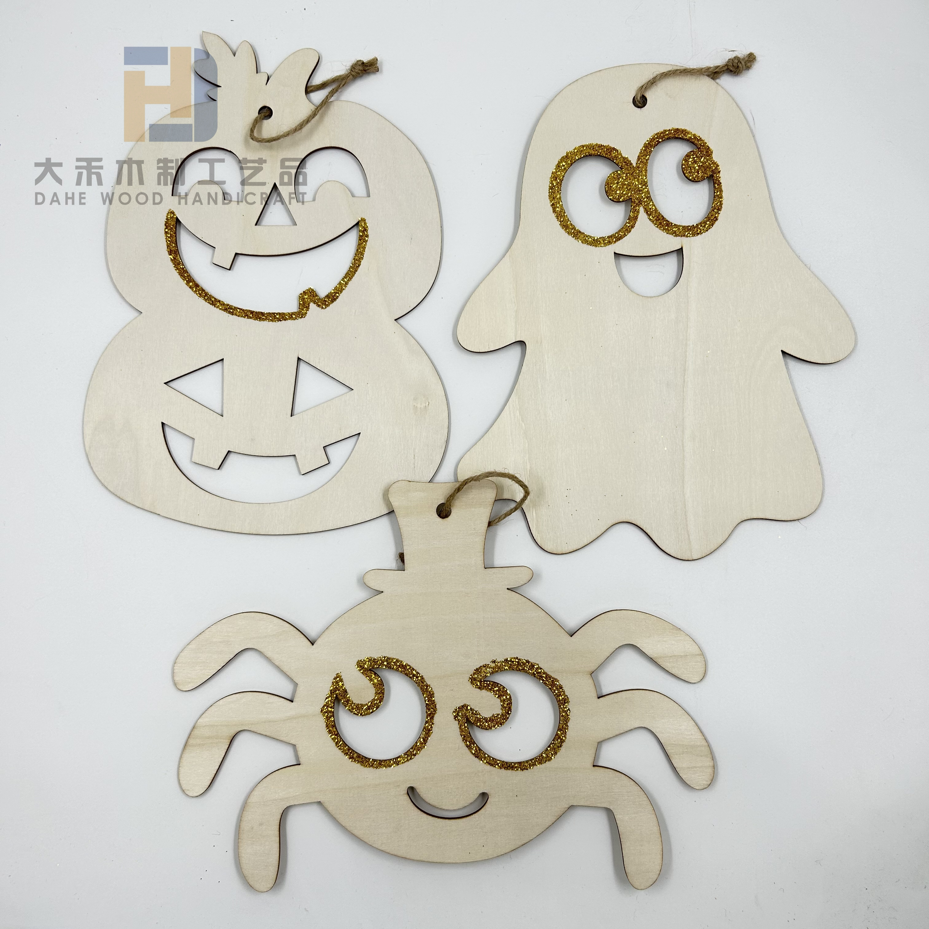 Wooden Spider Pumpkin Ghost Cutouts with Gold Dust