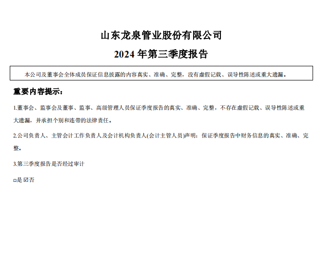 山東龍泉管業(yè)股份有限公司2024年三季度報(bào)告