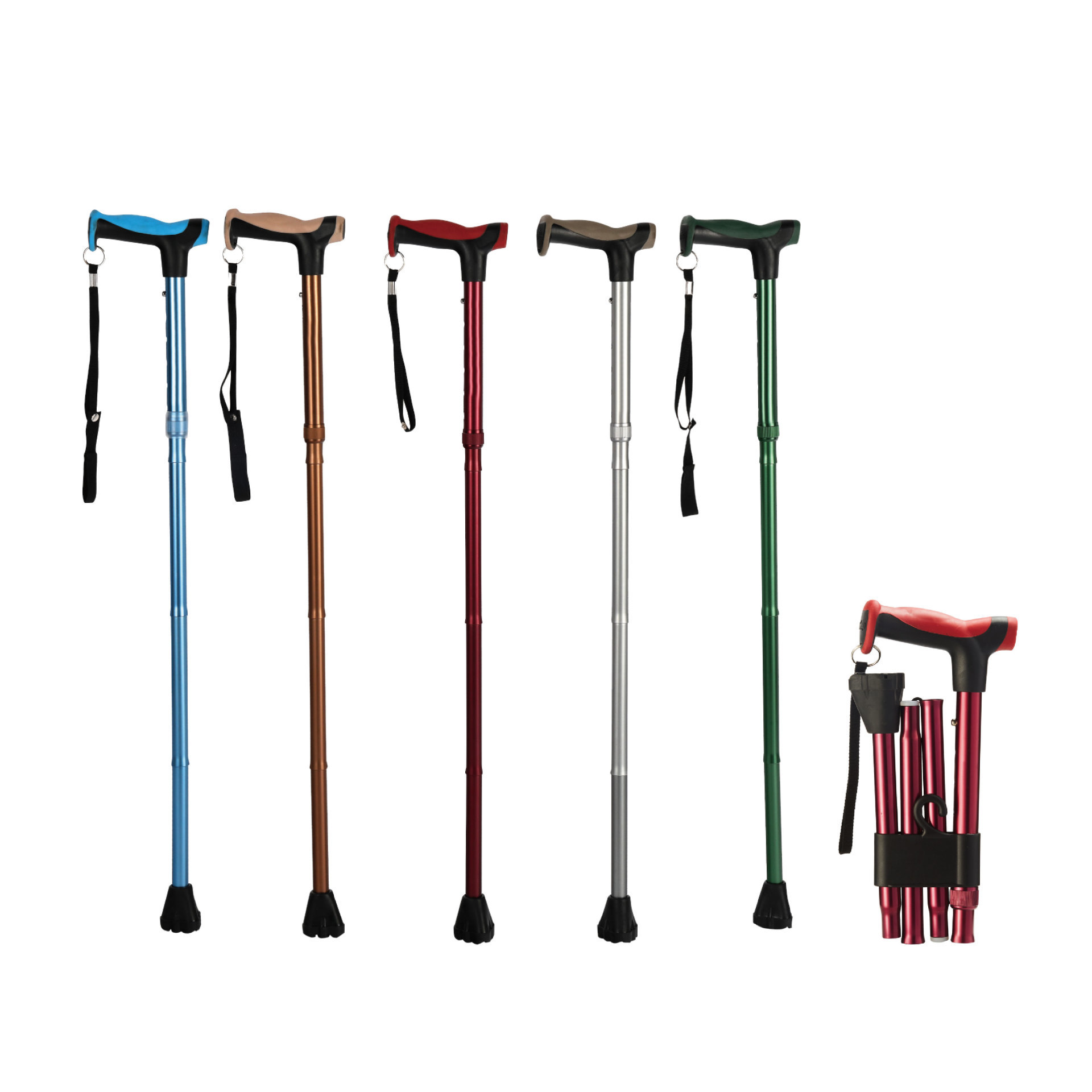YM-E03 T-shaped plastic handle five-section folding cane