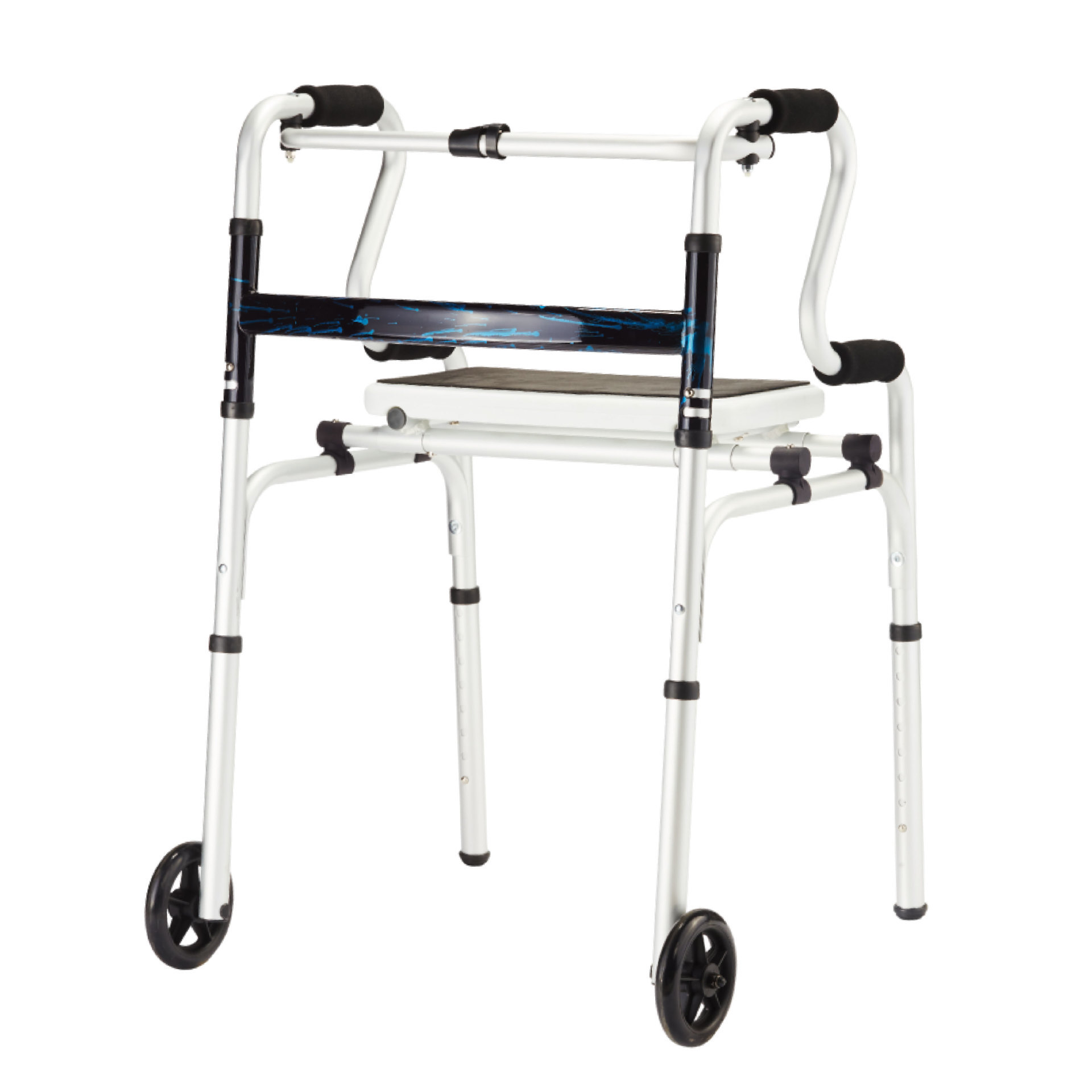 YM-C02 single-button folding walker with padded seat and aluminum frame