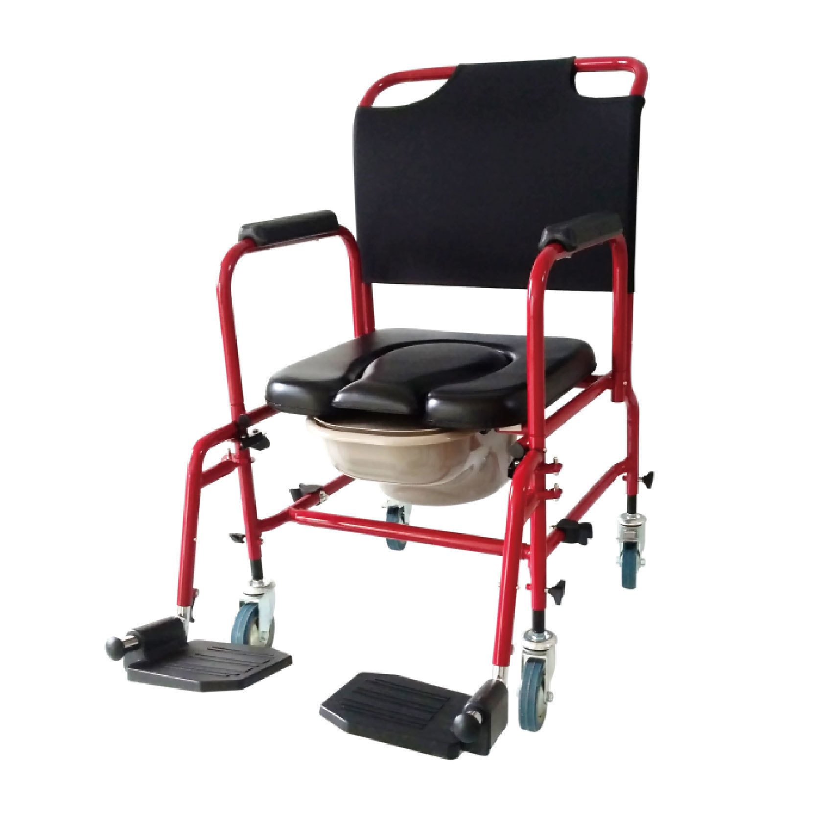 YM-G21 4-inch soft seat toilet chair with brake wheel and footrest, steel pipe frame