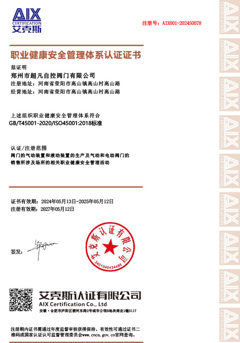 職業(yè)健康安全管理體系認(rèn)證證書(shū)（中）