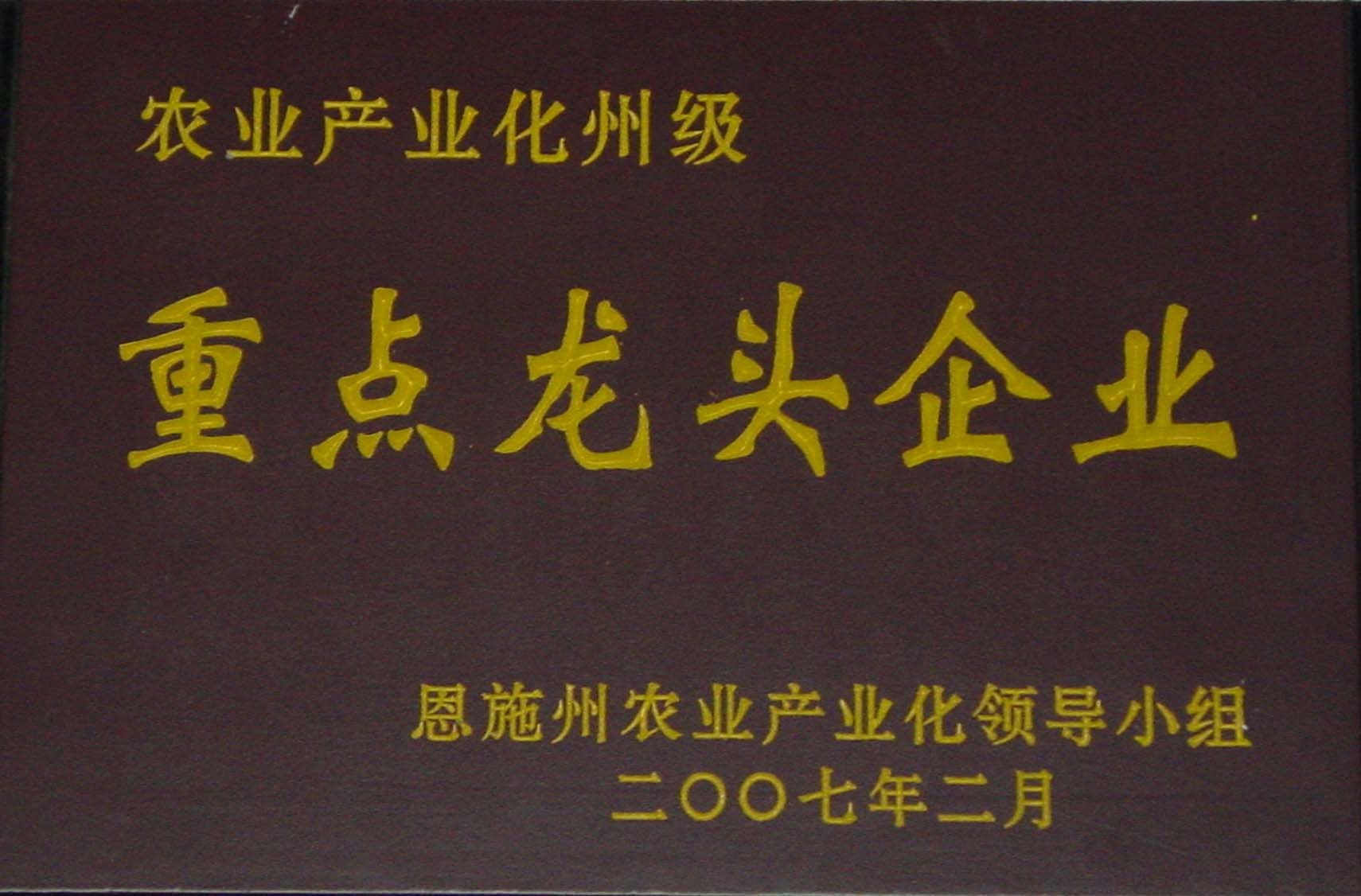 2007年荣获州级重点龙头企业 2007年荣获州级重点龙头企业