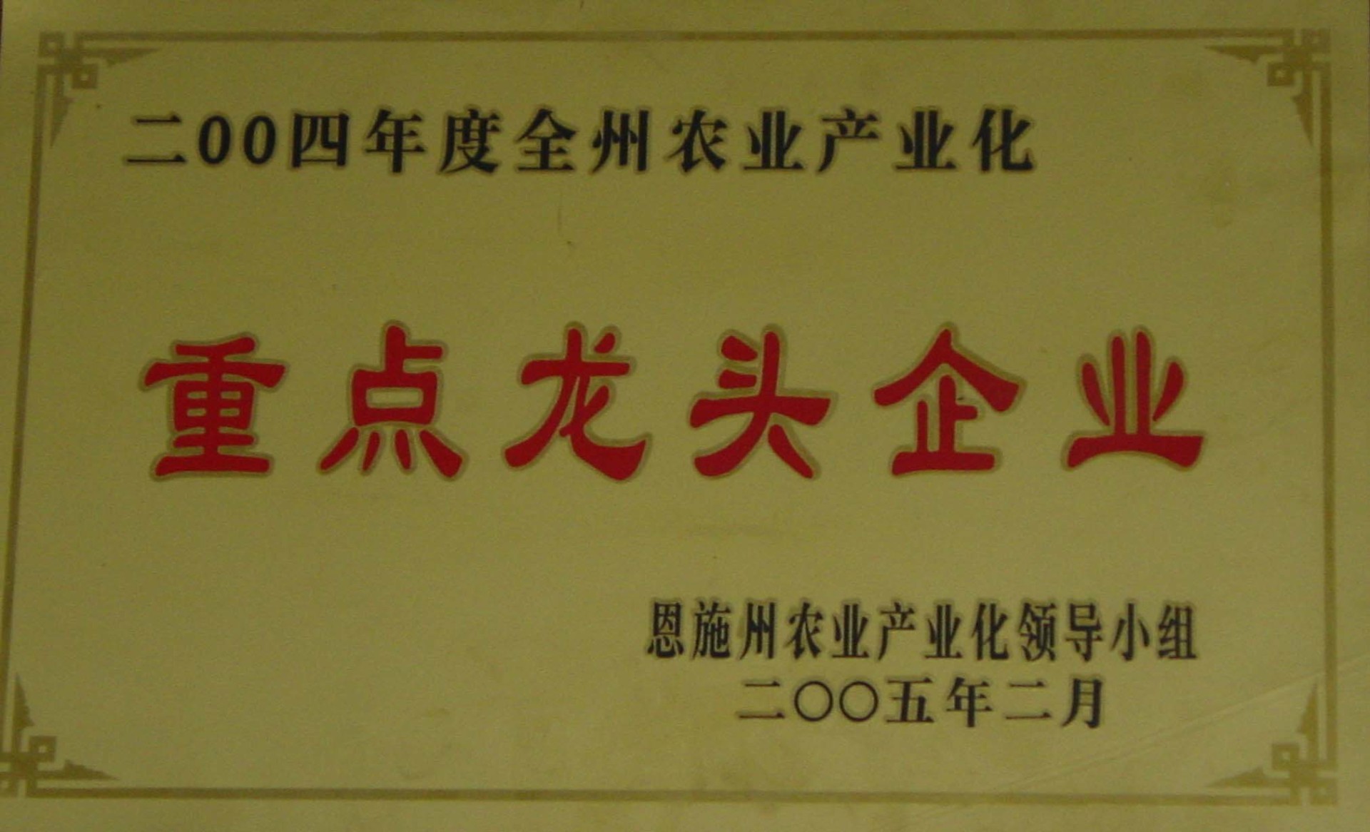 2005年荣获恩施州重点龙头企业 2005年荣获恩施州重点龙头企业