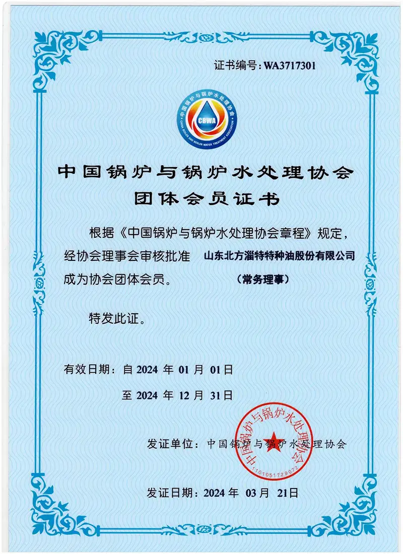中国锅炉与锅炉水处理协会团体会员证书
