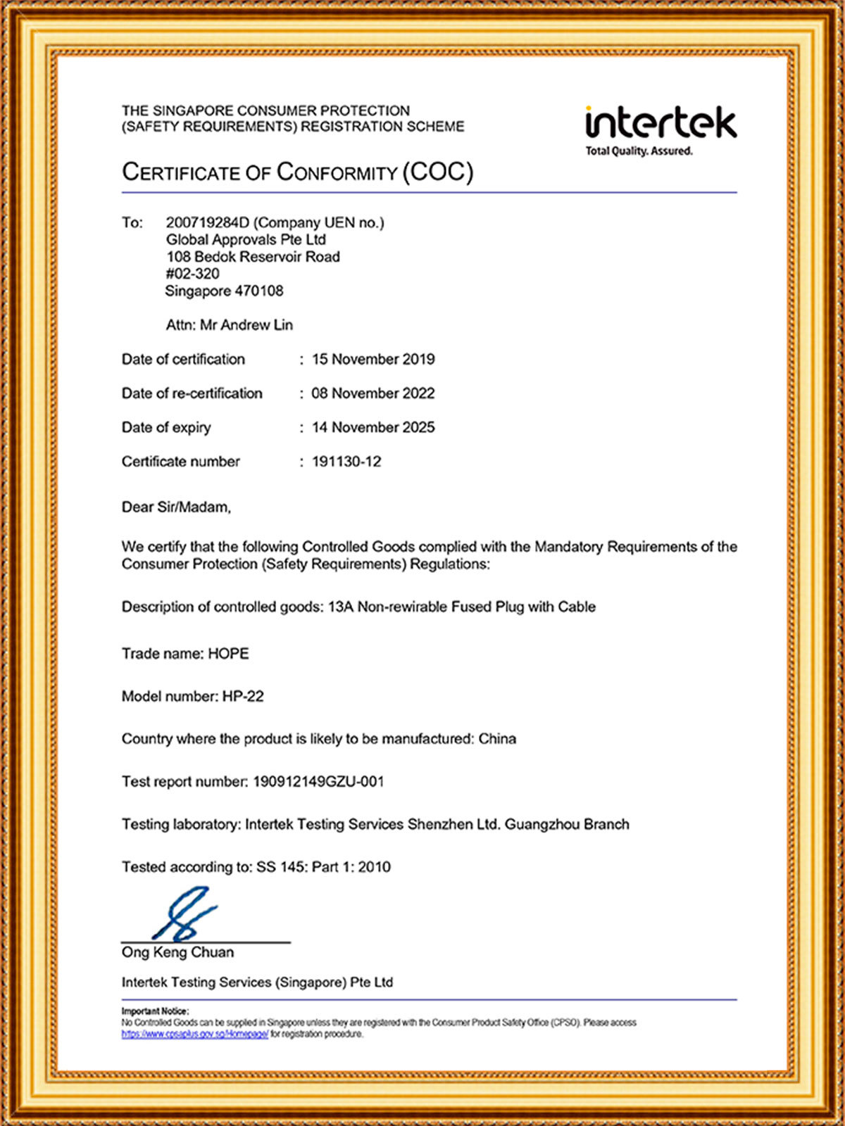 Singapore Certificate COC 191130