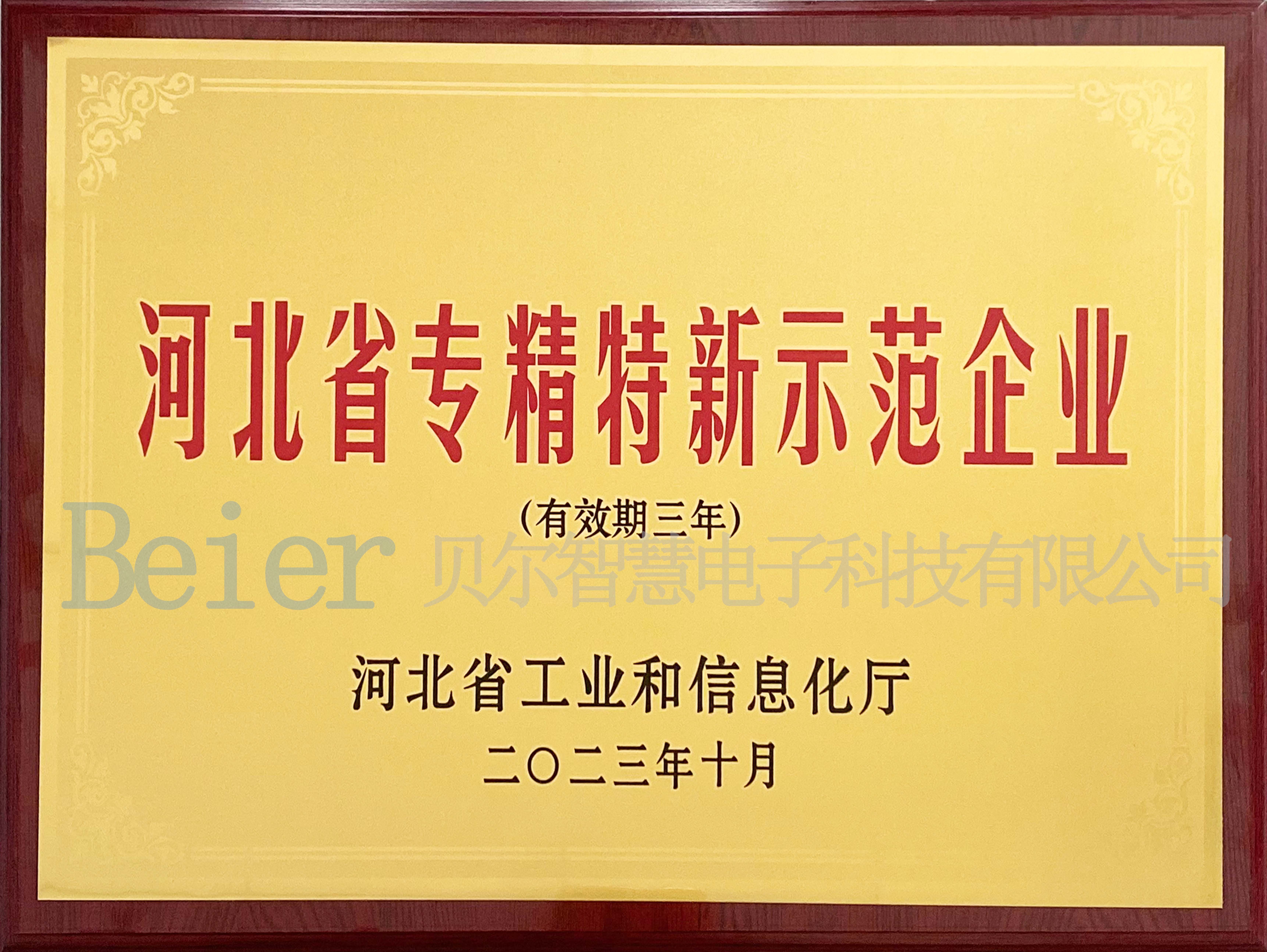 河北省專精特新示范企業(yè)證書