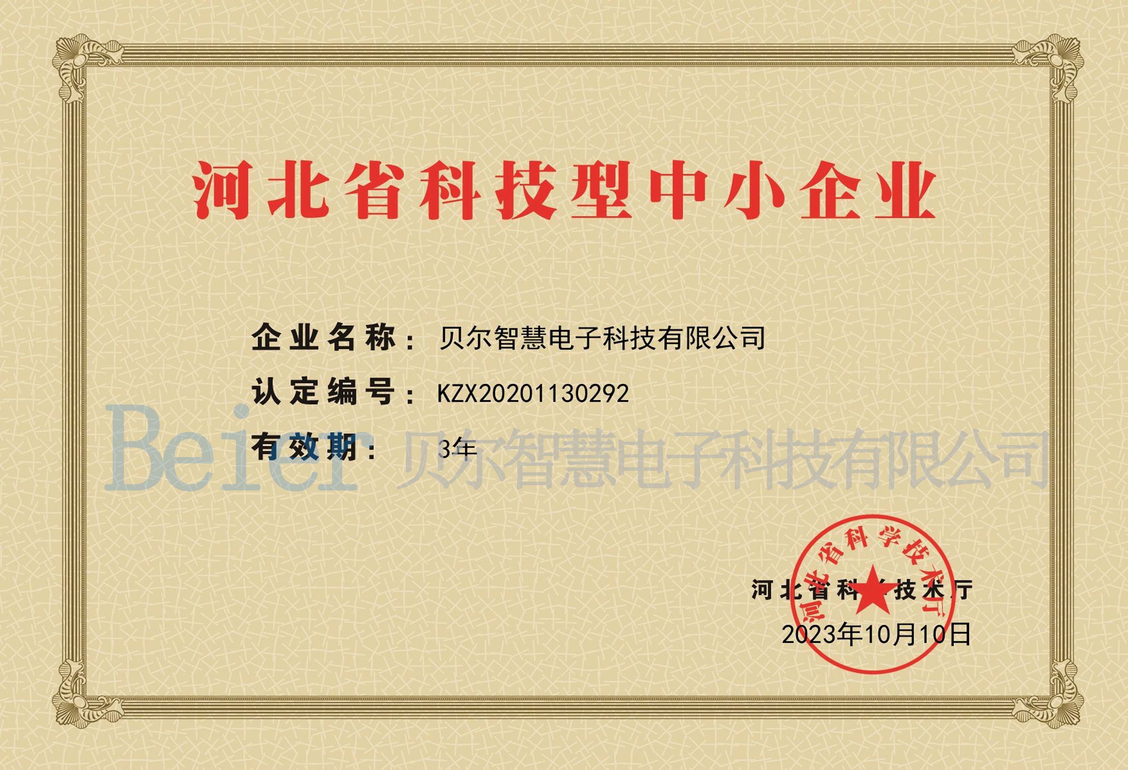 Hebei province science and technology small and medium-sized enterprise certificate