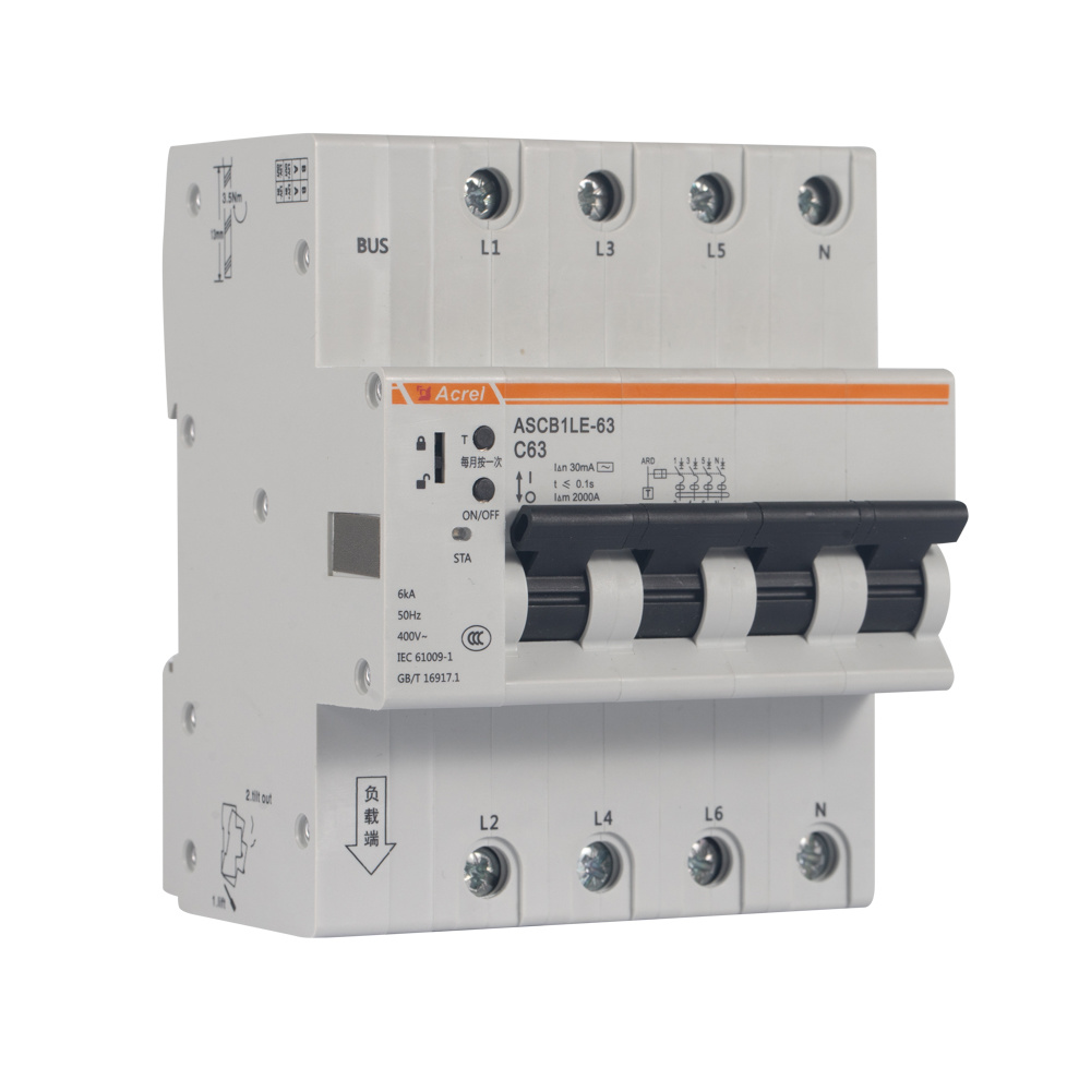 Acrel ASCB1LE-63-C63-4P Electrical Din Rail 63A Smart Three Phase Circuit Breaker for Remote Control Power Monitor Residual Current, Neutral Line Can be Switch off and Protected
