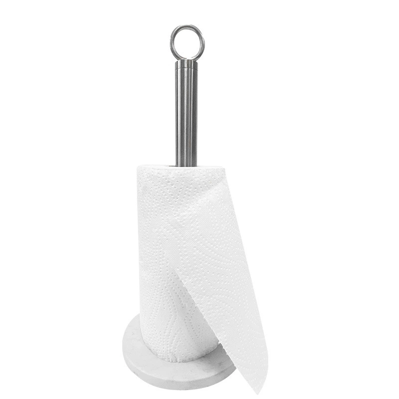 Customizable, nail-free toilet paper holder for home bathrooms; marble base, suction cup design; also suitable for kitchen cling film and paper towels.