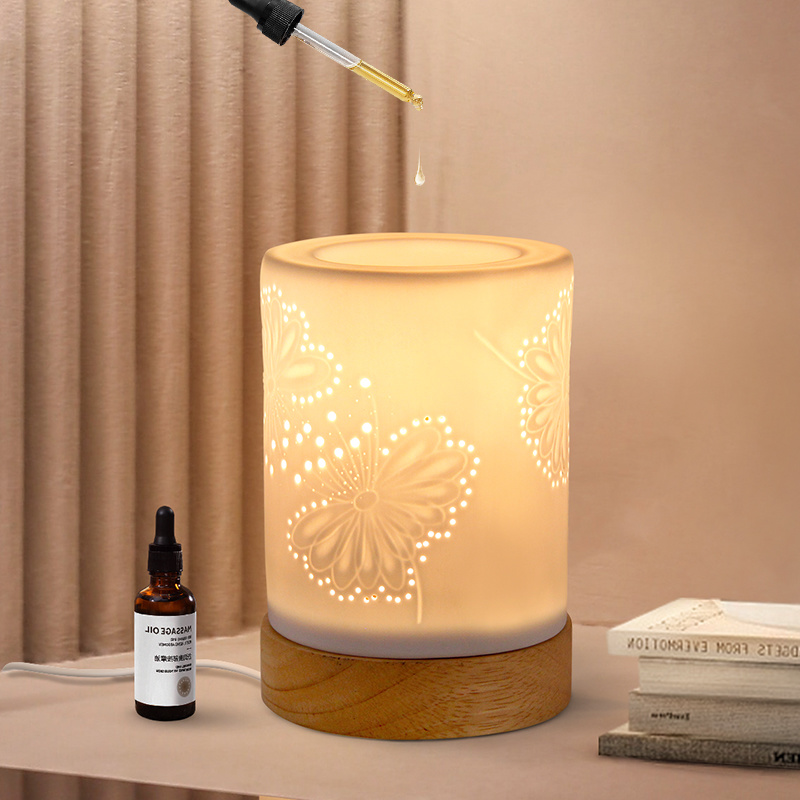 Factory Wholesale OEM/ODM Professional Design Oil Burner Wooden Base Electric Porcelain Lamp Decor Wax Warmer Aromatherapy Night Lights X171-05D