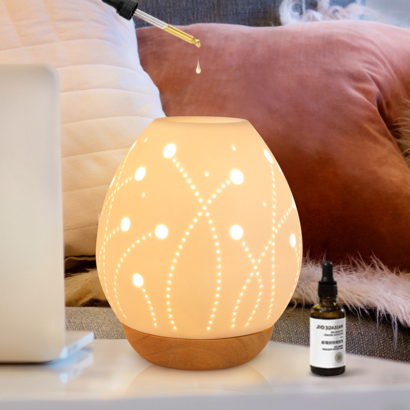 Factory Wholesale OEM/ODM Factory Custom Wood Base Aromatherapy Diffuser Fragrance Oil Warmer Lamp White Porcelain Bedroom Aroma Diffusers X192-02