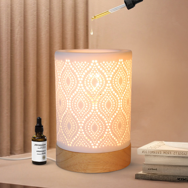 Factory Wholesale OEM/ODM Essential Oil Burner Ceramic Night Lamp Aromatherapy Diffuser Burner Incense Wax Melt Warmer With Wood Base X181-01A