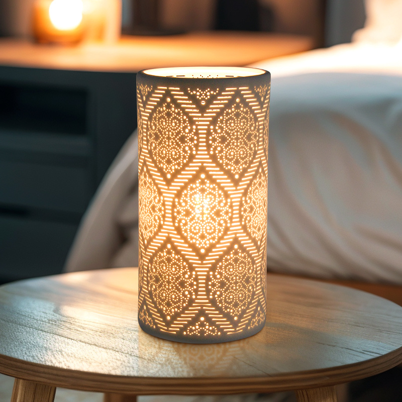 Factory Wholesale OEM/ODM Wholesale Art and craft design home hotel decoration desk table night light hot sale white ceramic engraved table desk lamp  D202-01B(XS)