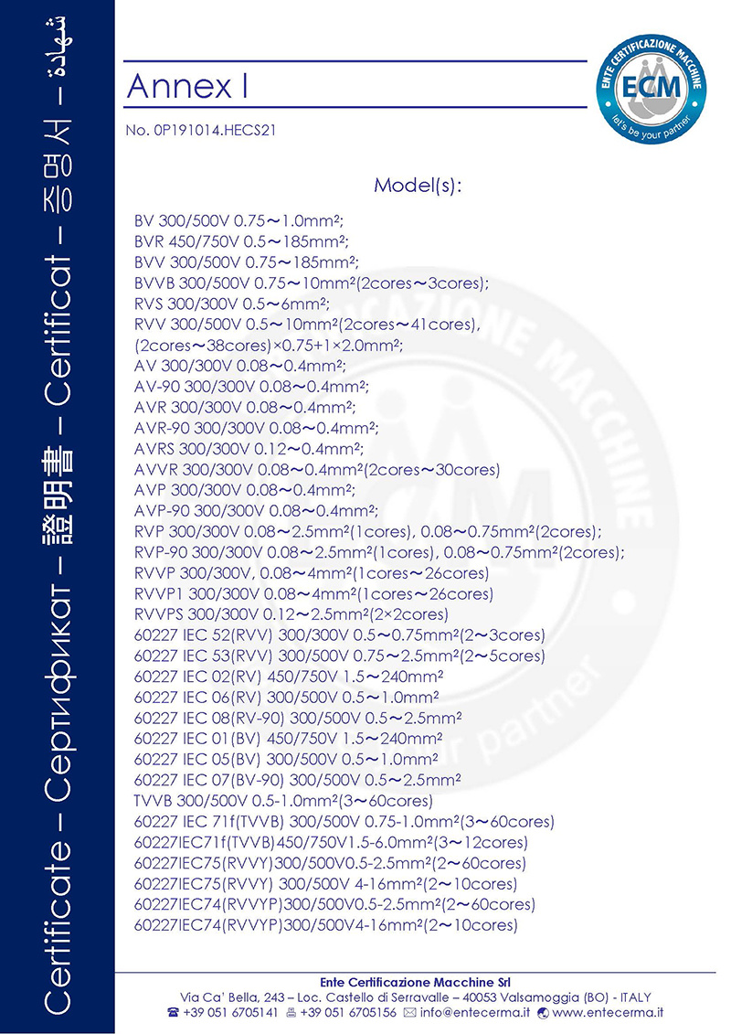 RVV RV等國家標準系列新CE證書