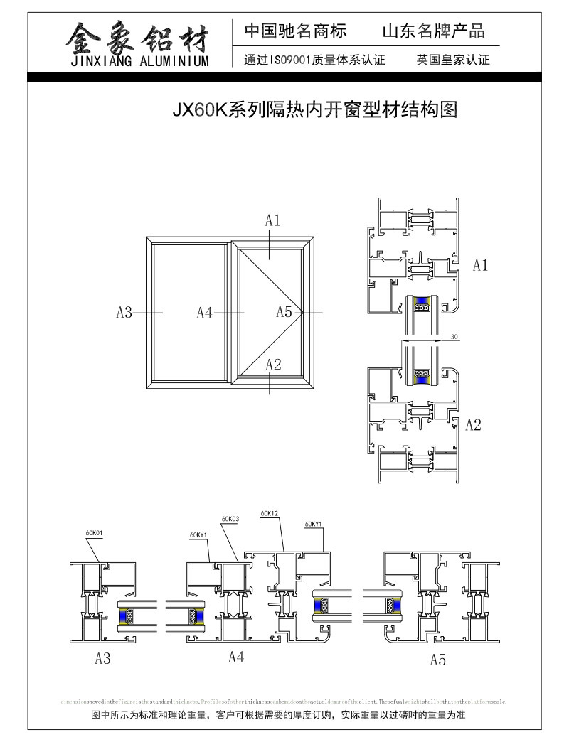 JX 60K系列隔热内开窗型材结构图