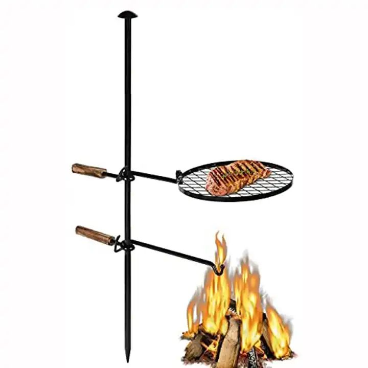 JH-Mech Swivel Campfire Grill Grate Open Fire Cooking Camping Grill with Water Bottle Support Frame Portable Adjustable