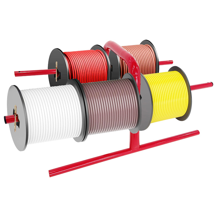JH-Mech Durable and Portable 8 Spools Capacity Wire Reel Dispensers Workshop Standing Red Powder-Coated Metal Wire Reel Caddy