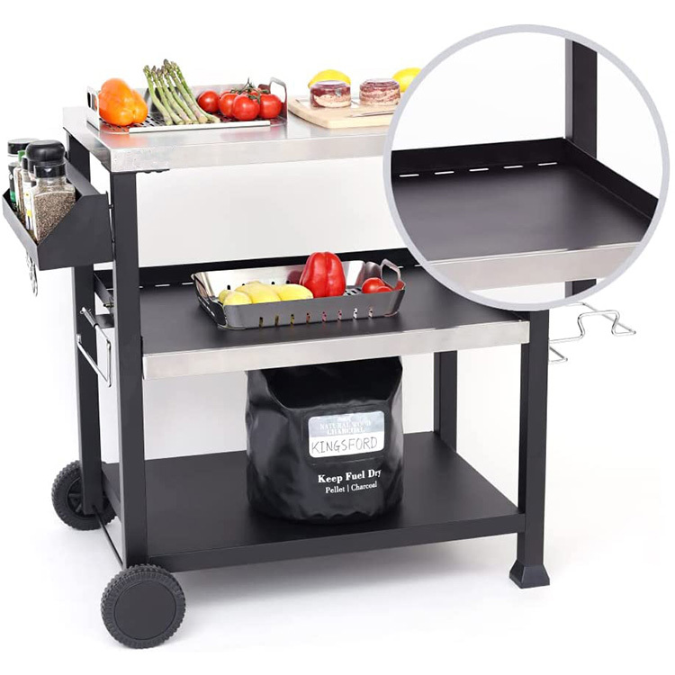 JH-Mech Double-Shelf Design Home Kitchen BBQ Table All Steel Structure Dining Cart