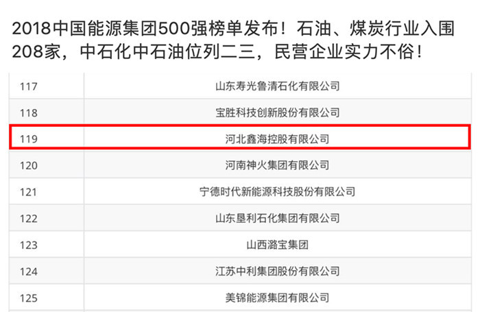 Good news! In the 2018 China Energy Group Top 500 list, Xinhai Holdings ranked 119, up 42 places from the previous year.
