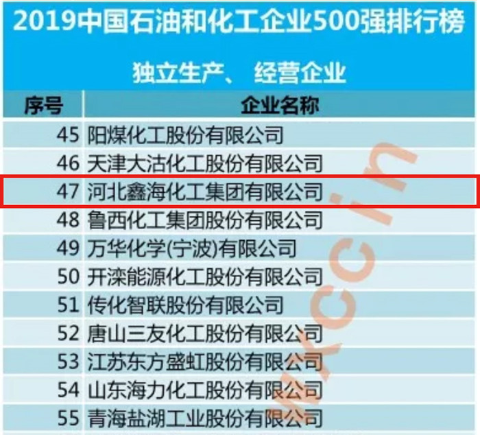 河北鑫海控股再次入围2019中国石油和化工企业500强榜单