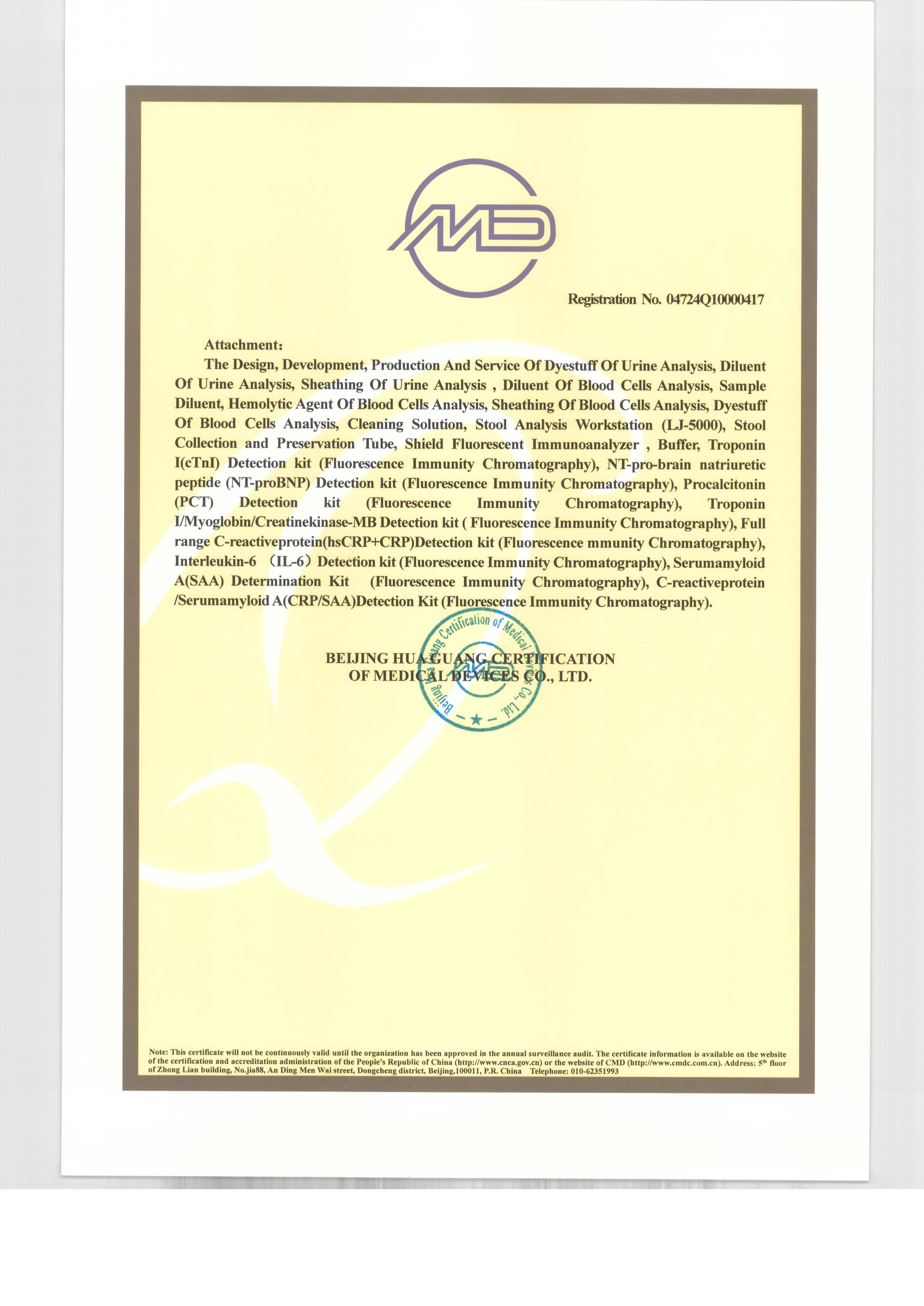 CERTIFICATE OF QUALITY MANAGEMENT SYSTEM FOR MEDICAL DEVICES Attached page