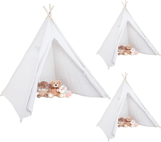 Windyun 3 Pcs Kids Teepee Tent Foldable Toddler Tent Washable Teepee Tent for Kids Indoor Tent Outdoor Tent for Boys Girls Boho Sleepovers Birthday Pajama Party Spa Party Supplies (White,Classic)