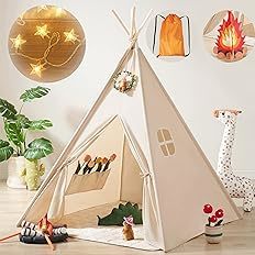 Tiny Land Kids-Teepee-Tent with Lights & Campfire Toy & Carry Case, Natural Cotton Canvas Toddler Tent - Washable Foldable Teepee Tent for Kids Indoor Tent, Outdoor Play Tent for Girls & Boys