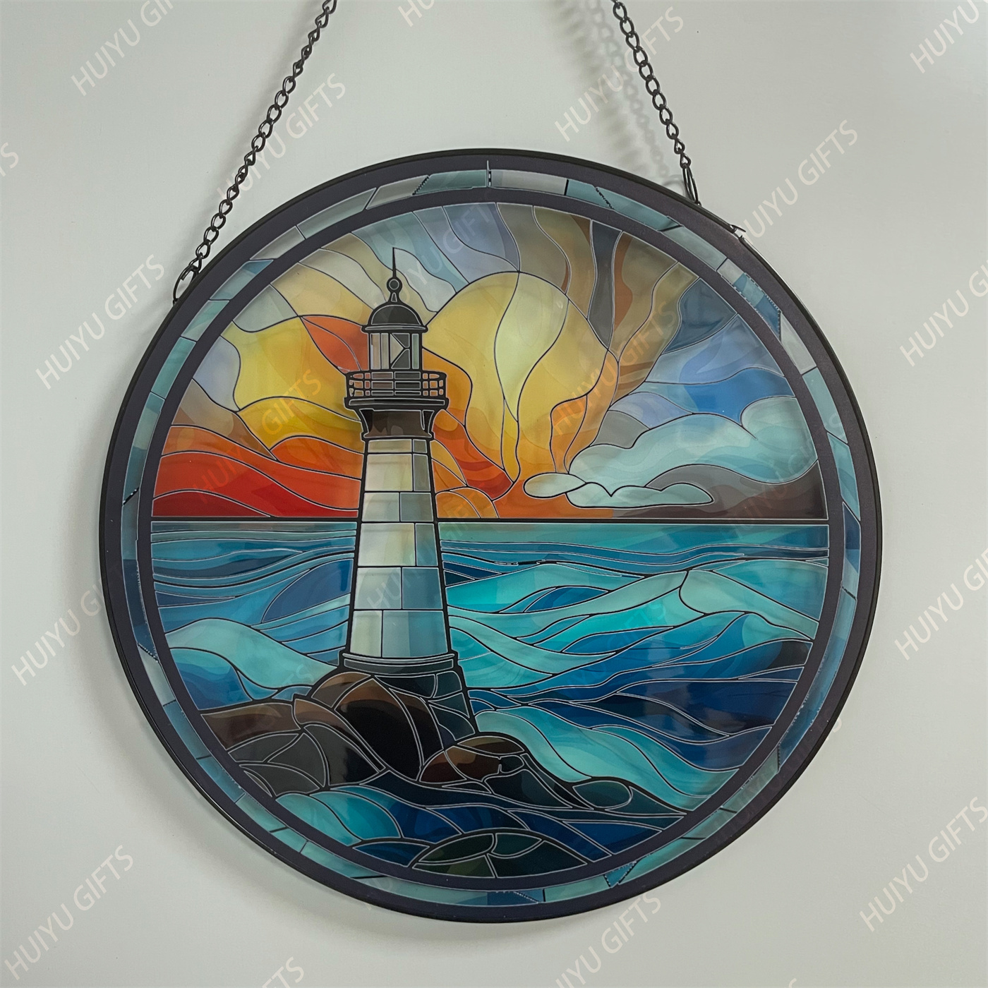 Handpainted Lighthouse Glass Window Hanging