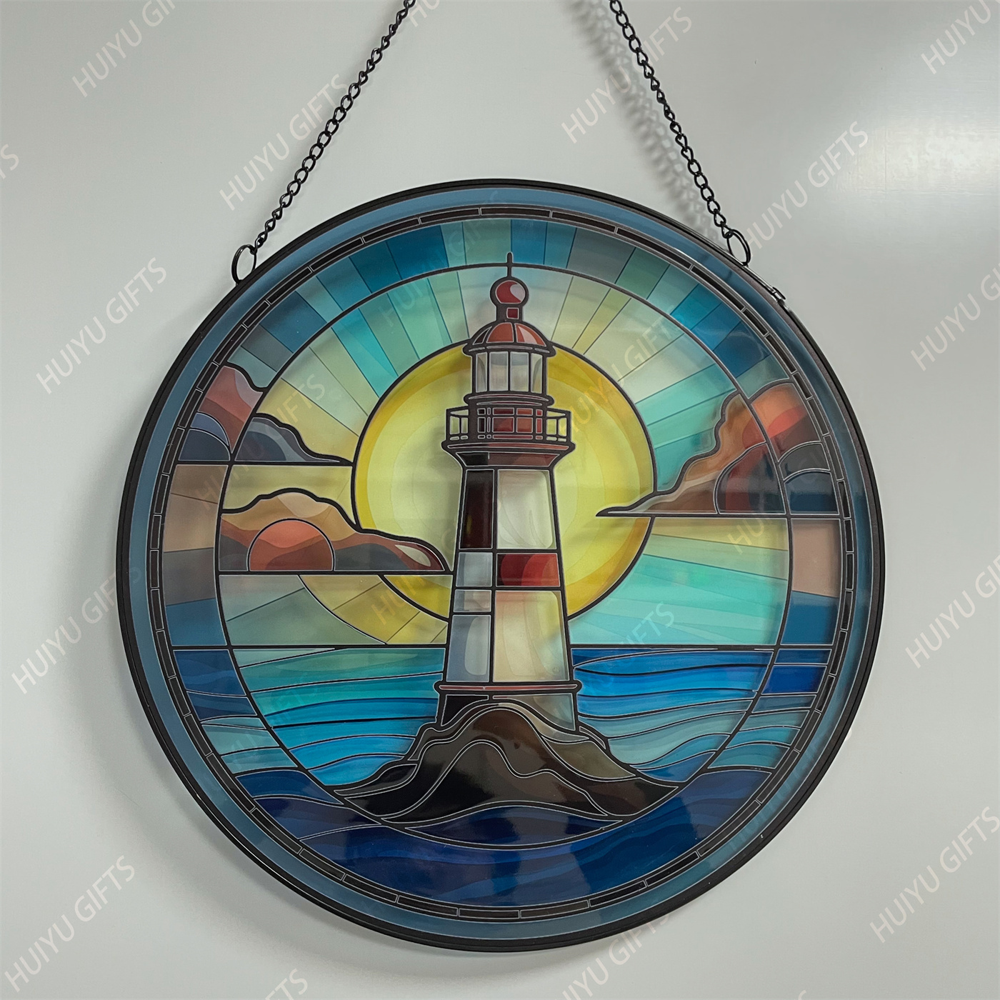 Handpainted Lighthouse Glass Window Hanging