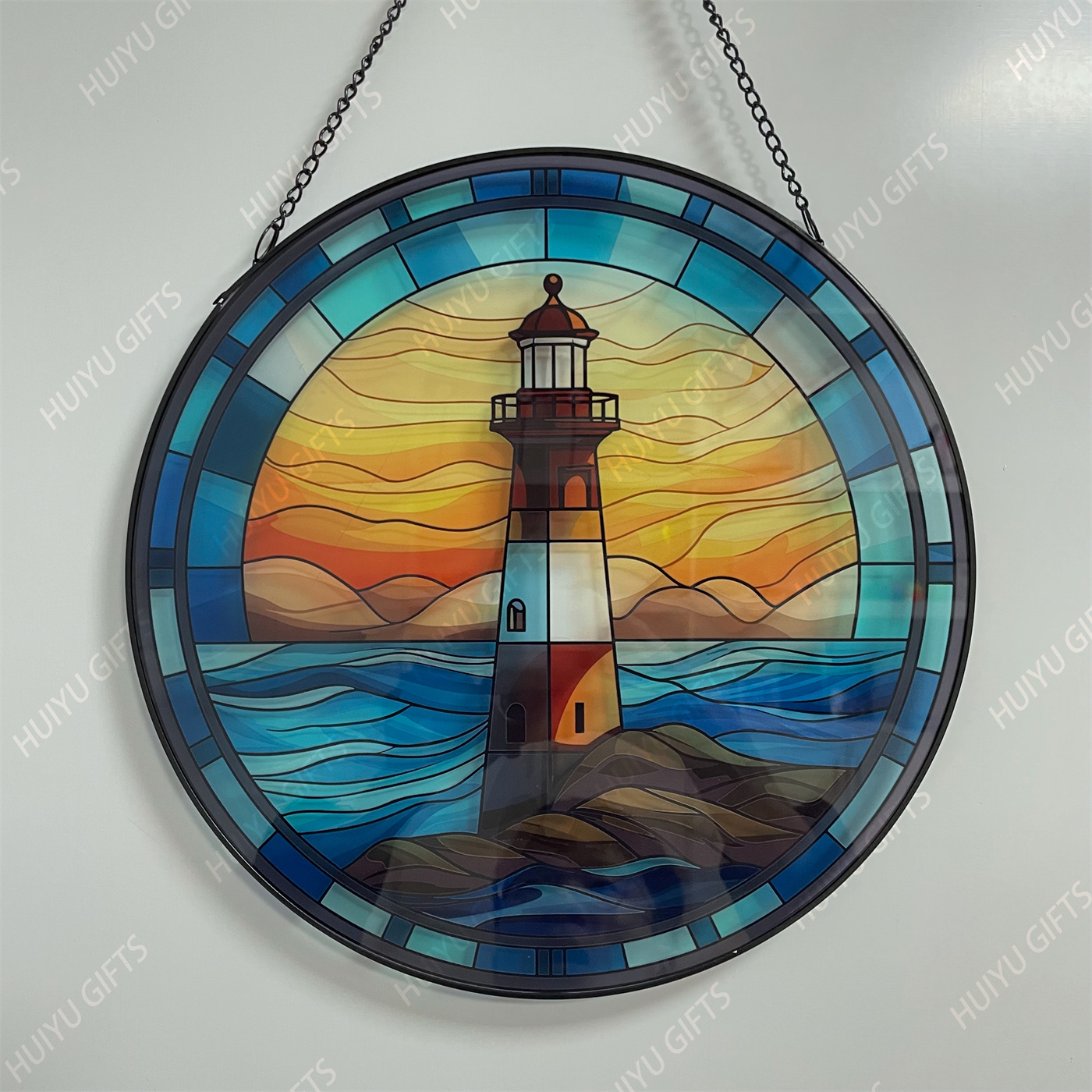 Handpainted Lighthouse Glass Window Hanging