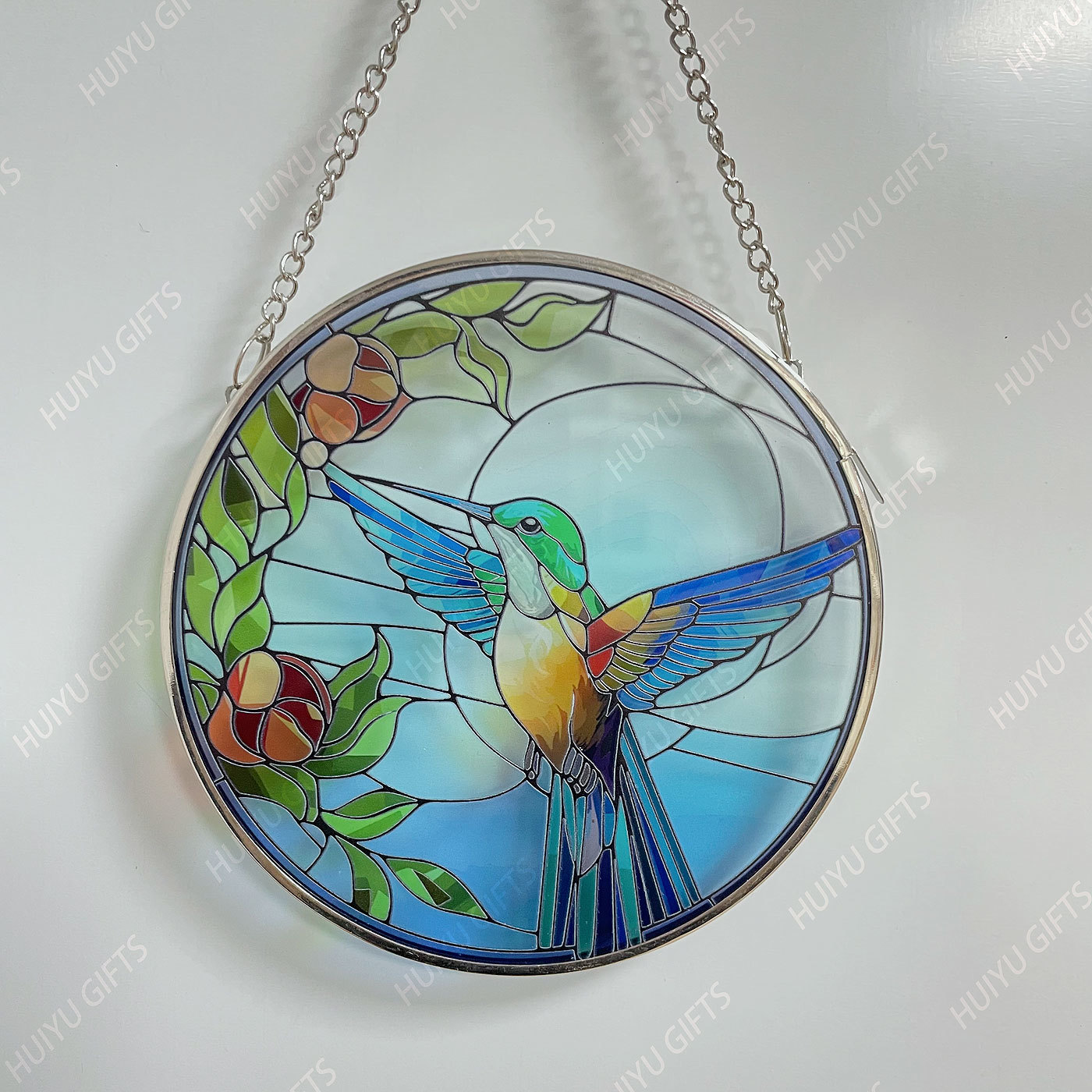 Handpainted Hummingbird Glass Window Hanging
