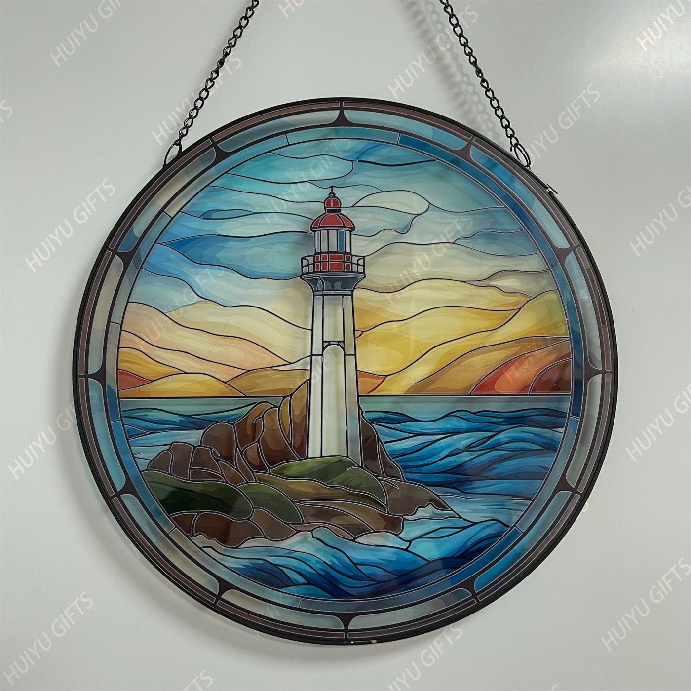 Handpainted Lighthouse Glass Window Hanging