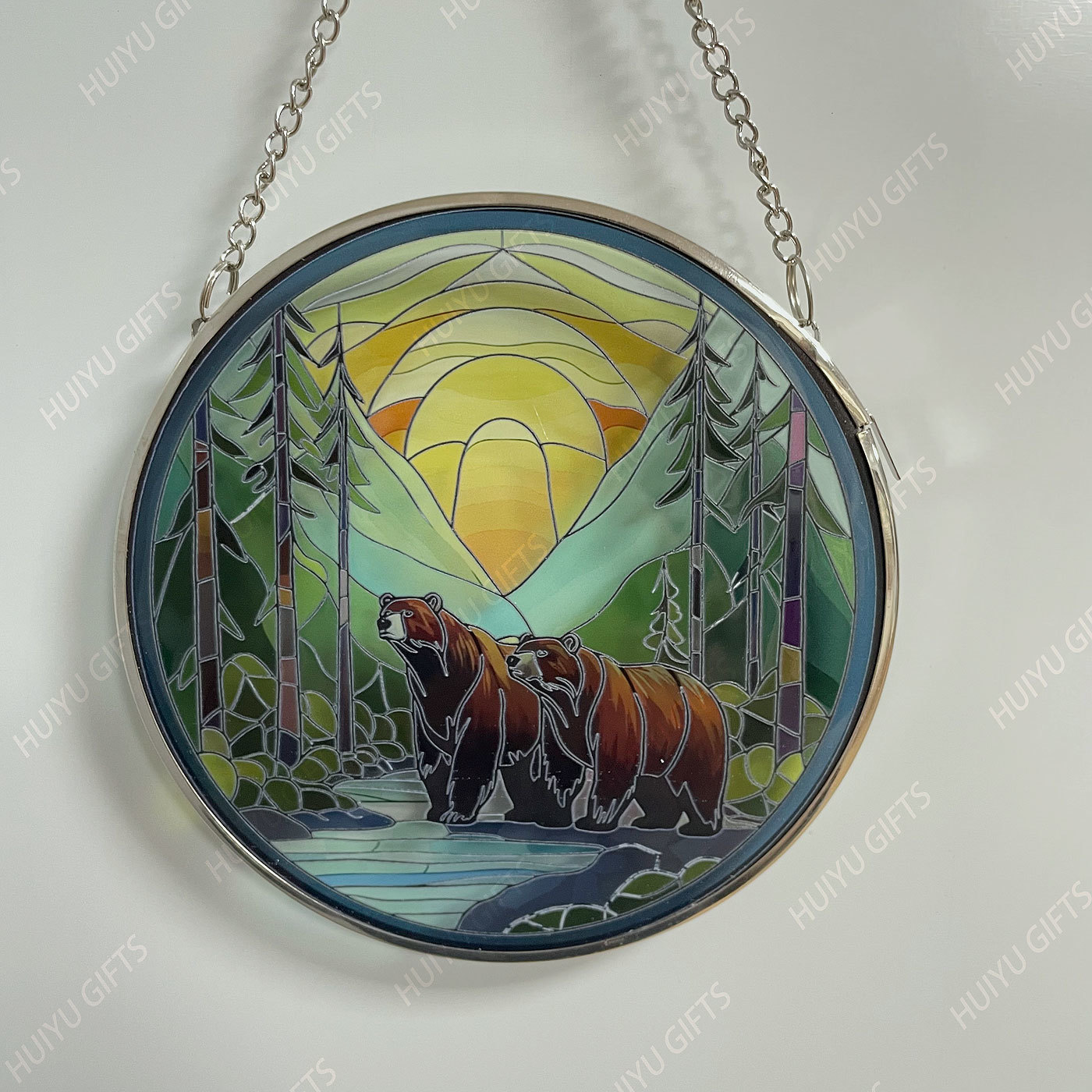 Handpainted Brown Bear Glass Window Hanging