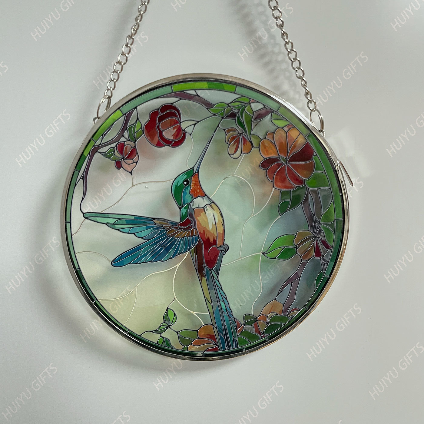 Handpainted Hummingbird Glass Window Hanging