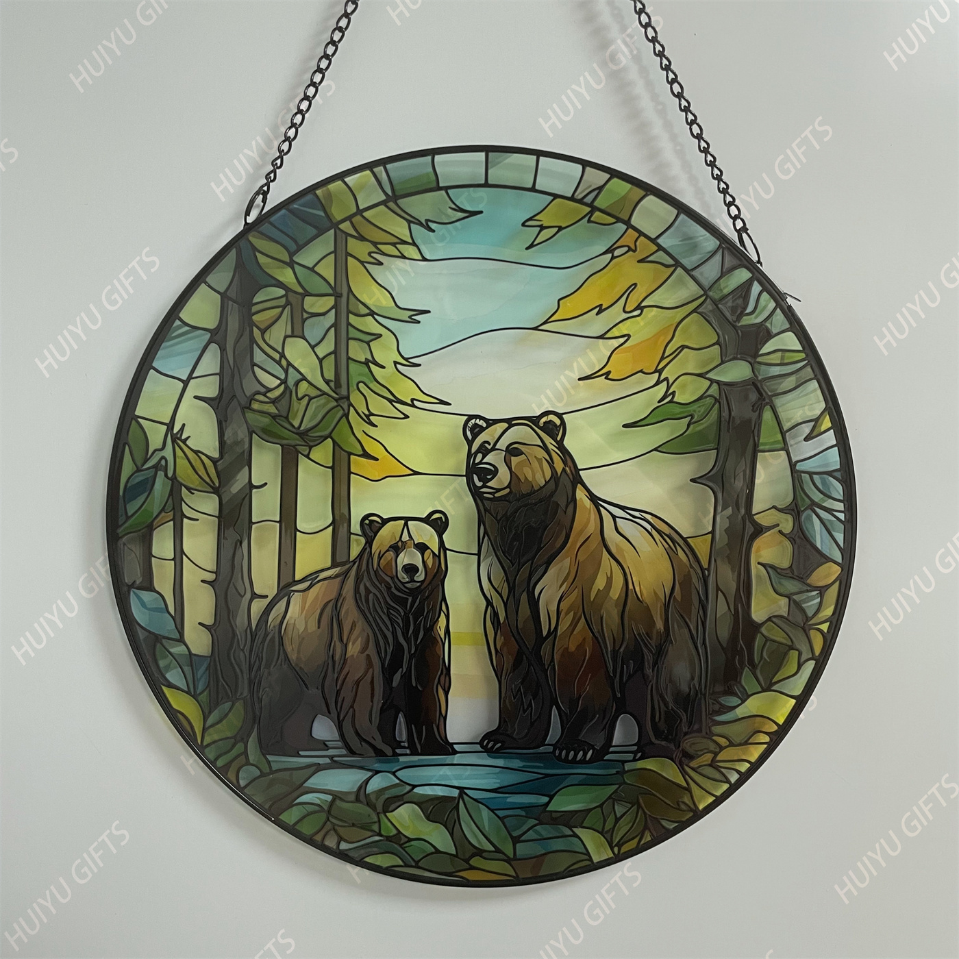 Handpainted Brown Bear Glass Window Hanging