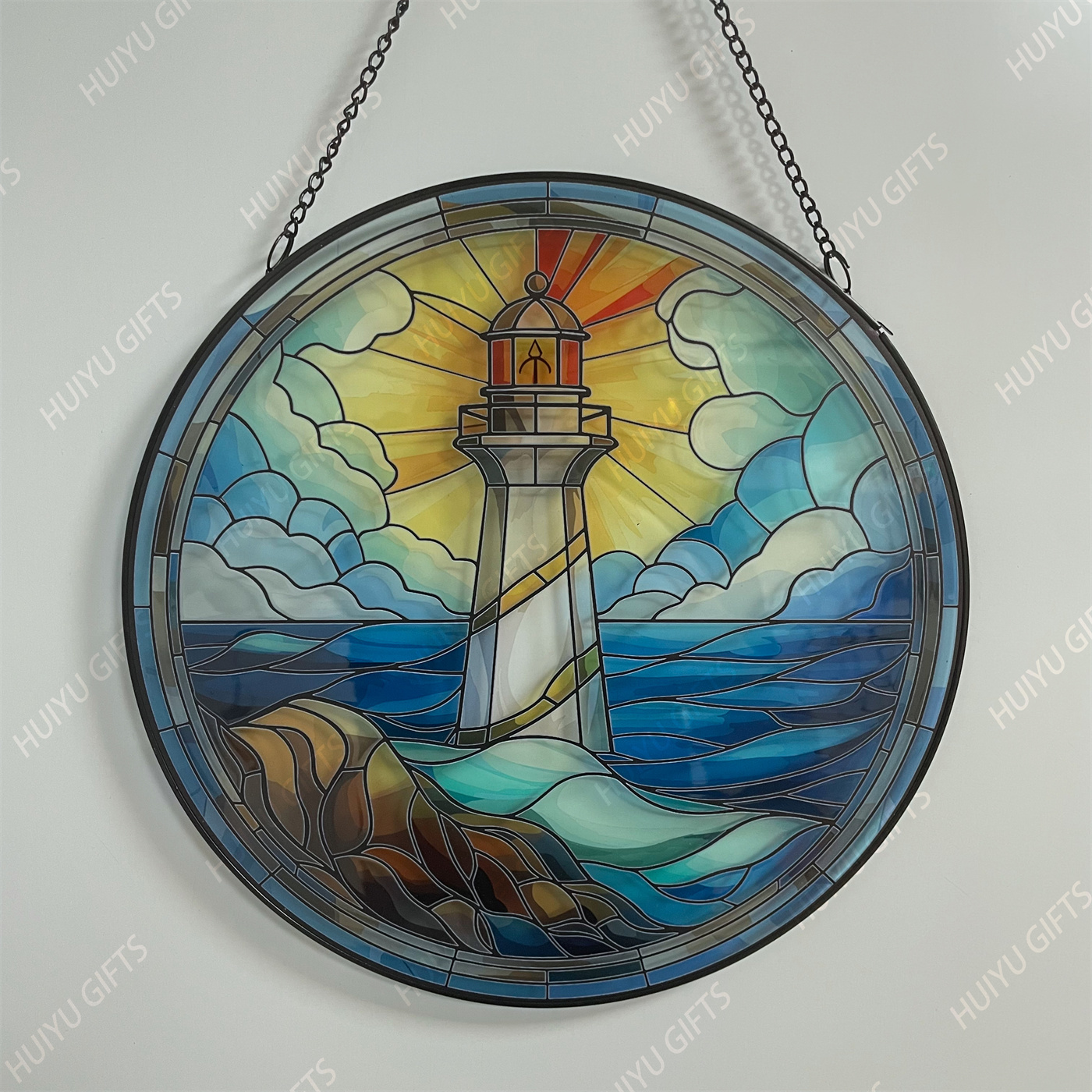 Handpainted Lighthouse Glass Window Hanging