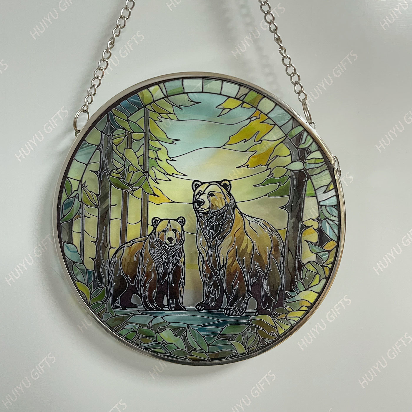 Handpainted Brown Bear Glass Window Hanging