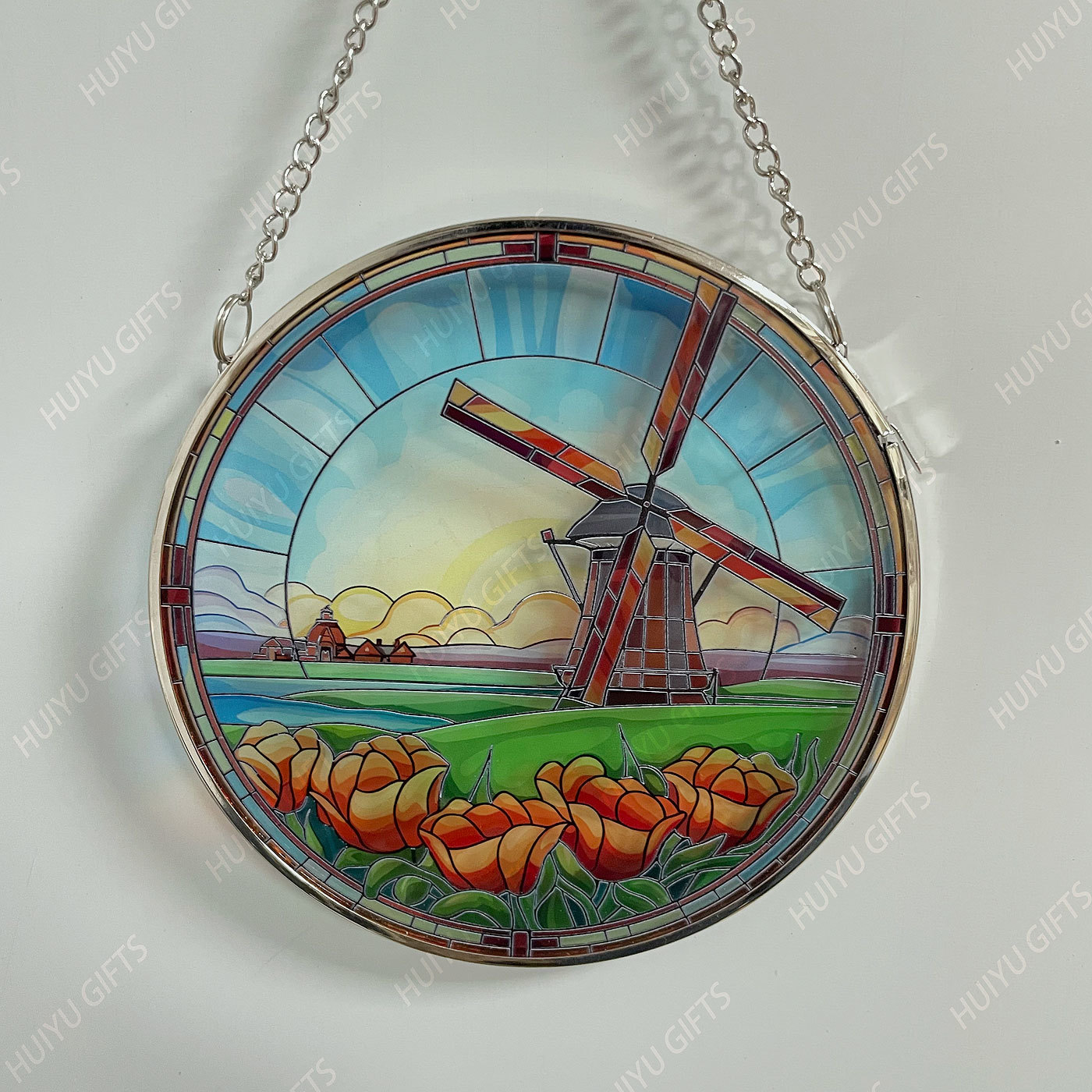 Handpainted Windmil Glass Window Hanging