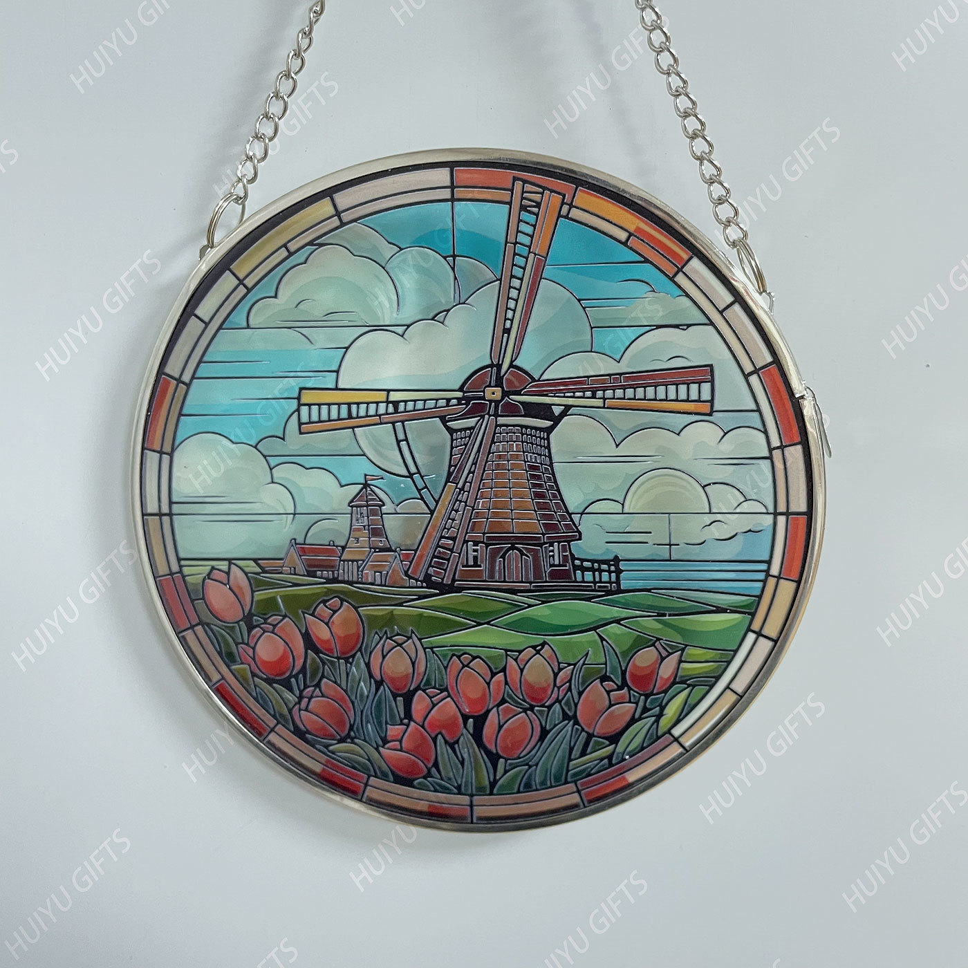 Handpainted Windmil Glass Window Hanging