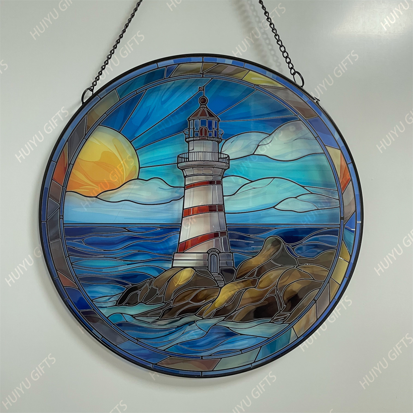 Handpainted Lighthouse Glass Window Hanging